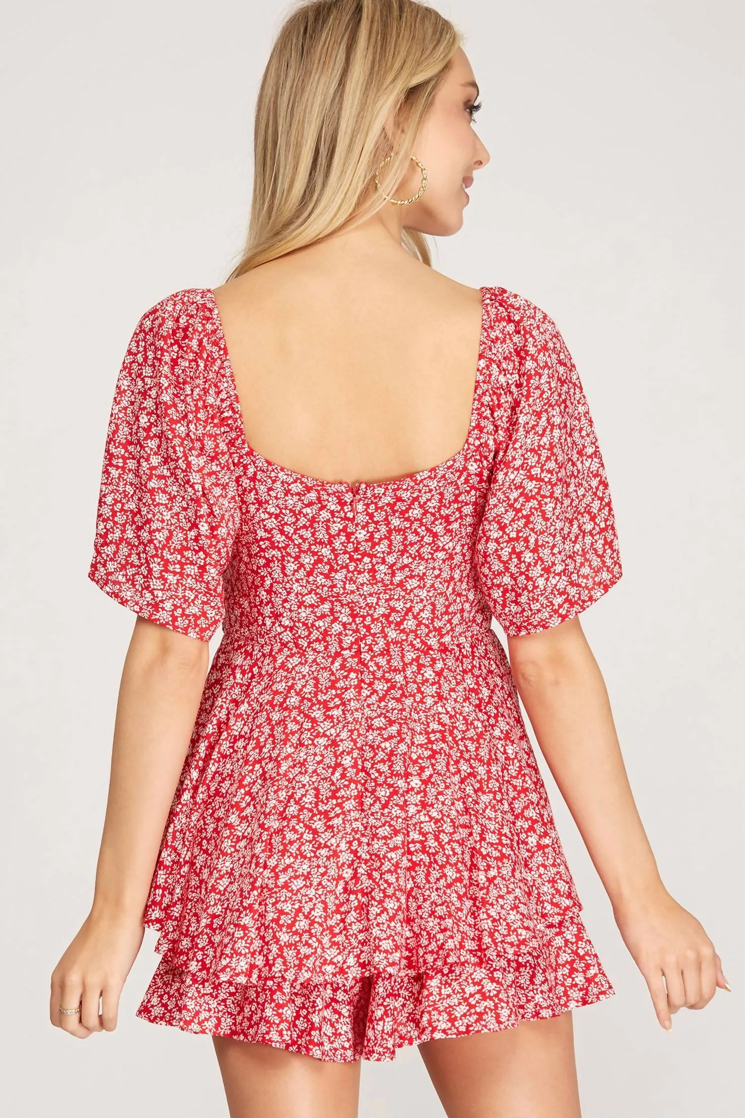 Flutter Half Sleeve Layered Romper In Red Floral Print