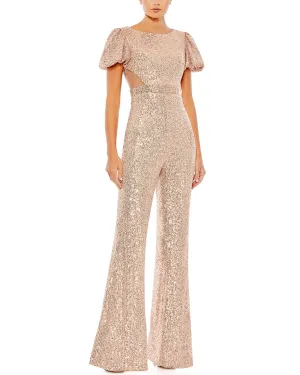 Mac Duggal Sequined Puff Shoulder Illusion Cutout Jumpsuit